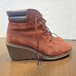 Timberland Amston Womens Sz 7.5 Burgundy Nubuck Wedge Ankle Boots Shoes Booties